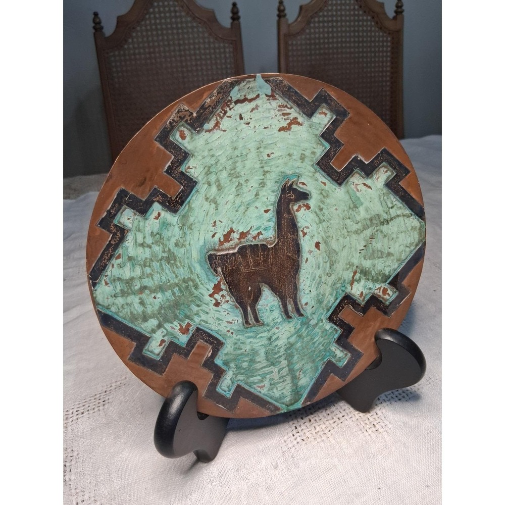 Vintage Peruvian Copper Wall Plate & Trinket Dish Set Llama Incan Art 1960s
